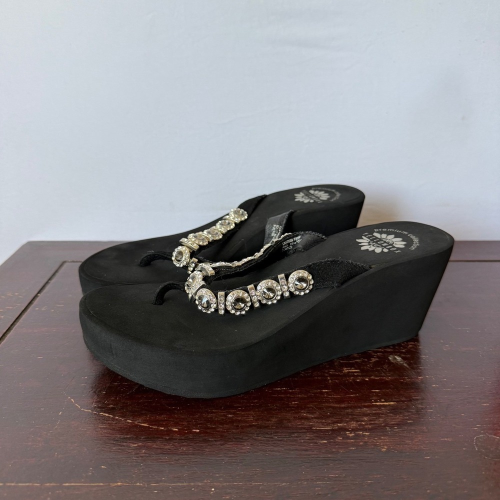 Y2K Yellow Box Wedge Sandals Rhinestone Platform Flip Flops Black Size 7.5